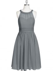 Modern A-line Evening Dress Grey Halter Top Chiffon Sleeveless Knee Length Zipper