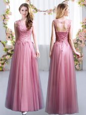 Simple Floor Length Empire Sleeveless Pink Bridesmaids Dress Lace Up