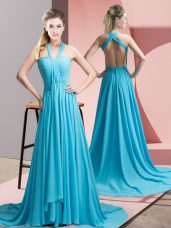 Aqua Blue Halter Top Backless Beading and Ruching Evening Dress Sweep Train Sleeveless