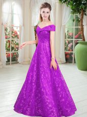 Customized Floor Length Purple Dress for Prom Off The Shoulder Sleeveless Lace Up