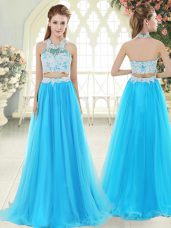 Customized Lace Prom Dresses Aqua Blue Zipper Sleeveless Floor Length