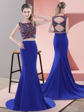 Royal Blue Two Pieces Beading Prom Evening Gown Lace Up Satin Sleeveless