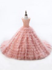 Fashionable Pink Lace Up Little Girls Pageant Dress Wholesale Sleeveless Court Train Beading and Ruffled Layers