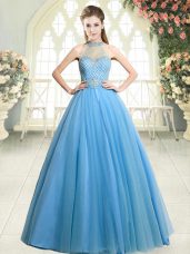 Clearance Blue Zipper Halter Top Beading Formal Dresses Tulle Sleeveless