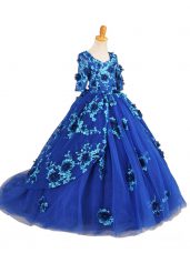 Fashionable Blue Kids Pageant Dress Tulle Brush Train Half Sleeves Beading and Appliques