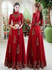 Custom Fit Floor Length Empire 3 4 Length Sleeve Wine Red Prom Dress Zipper