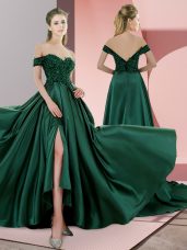 Green Lace Up Beading Sleeveless Sweep Train