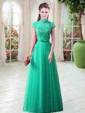 Admirable Floor Length A-line Cap Sleeves Green Going Out Dresses Lace Up