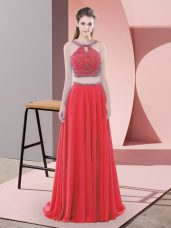 Custom Design Straps Sleeveless Sweep Train Backless Evening Dresses Red Chiffon