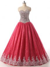 Coral Red Lace Up Sweetheart Beading and Appliques 15 Quinceanera Dress Sequined Sleeveless
