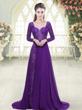 Graceful Long Sleeves Sweep Train Backless Beading and Lace Evening Dresses