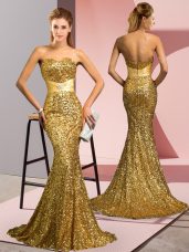 Chic Zipper Prom Evening Gown Gold for Prom and Party and Military Ball with Beading Sweep Train
