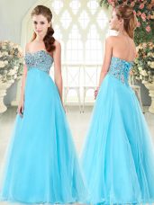 Classical Aqua Blue Sleeveless Beading Floor Length Homecoming Dress