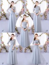 Grey Empire Appliques Bridesmaid Gown Lace Up Tulle Sleeveless Floor Length