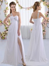 Sleeveless Chiffon Brush Train Lace Up Wedding Guest Dresses in White with Beading