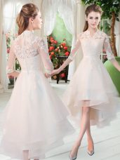 Wonderful White Zipper High-neck Appliques Prom Party Dress Tulle Half Sleeves