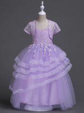 Free and Easy Lavender Ball Gowns Appliques and Ruffled Layers Flower Girl Dresses Zipper Tulle Sleeveless Floor Length