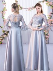 Customized Scoop 3 4 Length Sleeve Bridesmaid Dresses Floor Length Lace Silver Satin