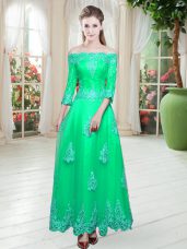 Designer Turquoise A-line Lace Prom Evening Gown Lace Up Tulle 3 4 Length Sleeve Floor Length