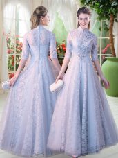 Elegant Floor Length Grey Homecoming Dress High-neck Half Sleeves Zipper