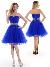 Ideal Sleeveless Knee Length Beading Lace Up Homecoming Dress with Royal Blue