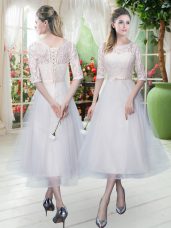 White Half Sleeves Tulle Lace Up Prom Gown for Prom and Party