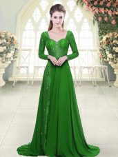 Green Prom Gown Sweetheart Long Sleeves Sweep Train Backless