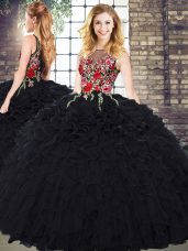 Hot Selling Organza Scoop Sleeveless Zipper Embroidery and Ruffles Quinceanera Gowns in Black