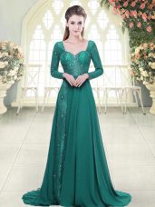 Green Empire Sweetheart Long Sleeves Chiffon Sweep Train Backless Beading and Lace Prom Dress