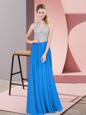 Edgy Blue Empire Chiffon High-neck Sleeveless Beading Floor Length Zipper Juniors Evening Dress