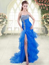 Charming Blue Sweetheart Lace Up Beading and Ruffled Layers Prom Dresses Sweep Train Sleeveless