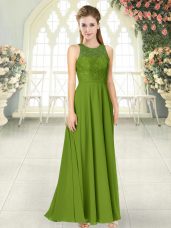Romantic Olive Green Empire Scoop Sleeveless Chiffon Floor Length Backless Lace Prom Dress