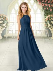 Eye-catching Navy Blue Zipper Prom Evening Gown Ruching Sleeveless Floor Length