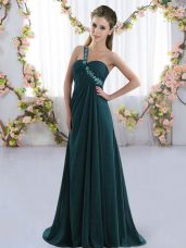 Popular Sleeveless Chiffon Brush Train Lace Up Bridesmaid Dresses in Peacock Green with Beading