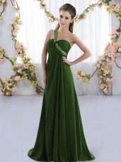 Delicate Olive Green Lace Up One Shoulder Beading Wedding Party Dress Chiffon Sleeveless Brush Train