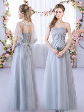 Smart Floor Length Lace Up Bridesmaid Gown Grey for Prom and Party and Wedding Party with Lace