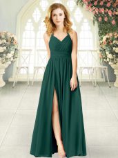 Fantastic Peacock Green Sleeveless Floor Length Ruching Zipper Prom Gown