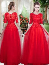 Deluxe Red Tulle Lace Up Scoop Half Sleeves Floor Length Homecoming Dress Lace