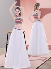 Floor Length White Homecoming Dress High-neck Sleeveless Lace Up