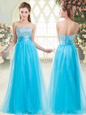 Aqua Blue Lace Up Sweetheart Beading Dress for Prom Tulle Sleeveless
