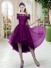 Purple A-line Off The Shoulder Short Sleeves Tulle High Low Lace Up Lace Prom Evening Gown