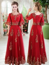 Half Sleeves Lace Up Floor Length Lace