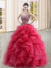 Exceptional Coral Red Sweetheart Lace Up Beading and Ruffles Sweet 16 Quinceanera Dress Sleeveless