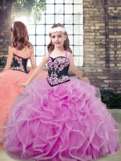 Tulle Straps Sleeveless Lace Up Embroidery and Ruffles Pageant Gowns For Girls in Lilac