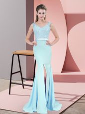 Charming Beading and Lace Prom Party Dress Blue Zipper Sleeveless Sweep Train