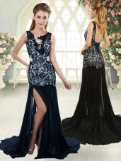 Modest Navy Blue Scoop Neckline Lace Prom Evening Gown Sleeveless Backless