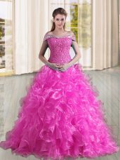 Fuchsia Off The Shoulder Neckline Beading and Lace and Ruffles Sweet 16 Dress Sleeveless Lace Up