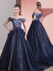 Fantastic Beading Womens Party Dresses Navy Blue Lace Up Sleeveless Court Train