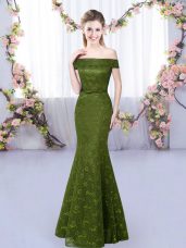 Classical Mermaid Vestidos de Damas Olive Green Off The Shoulder Sleeveless Floor Length Lace Up