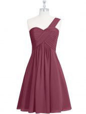 Burgundy Sleeveless Knee Length Ruching Zipper Evening Dress